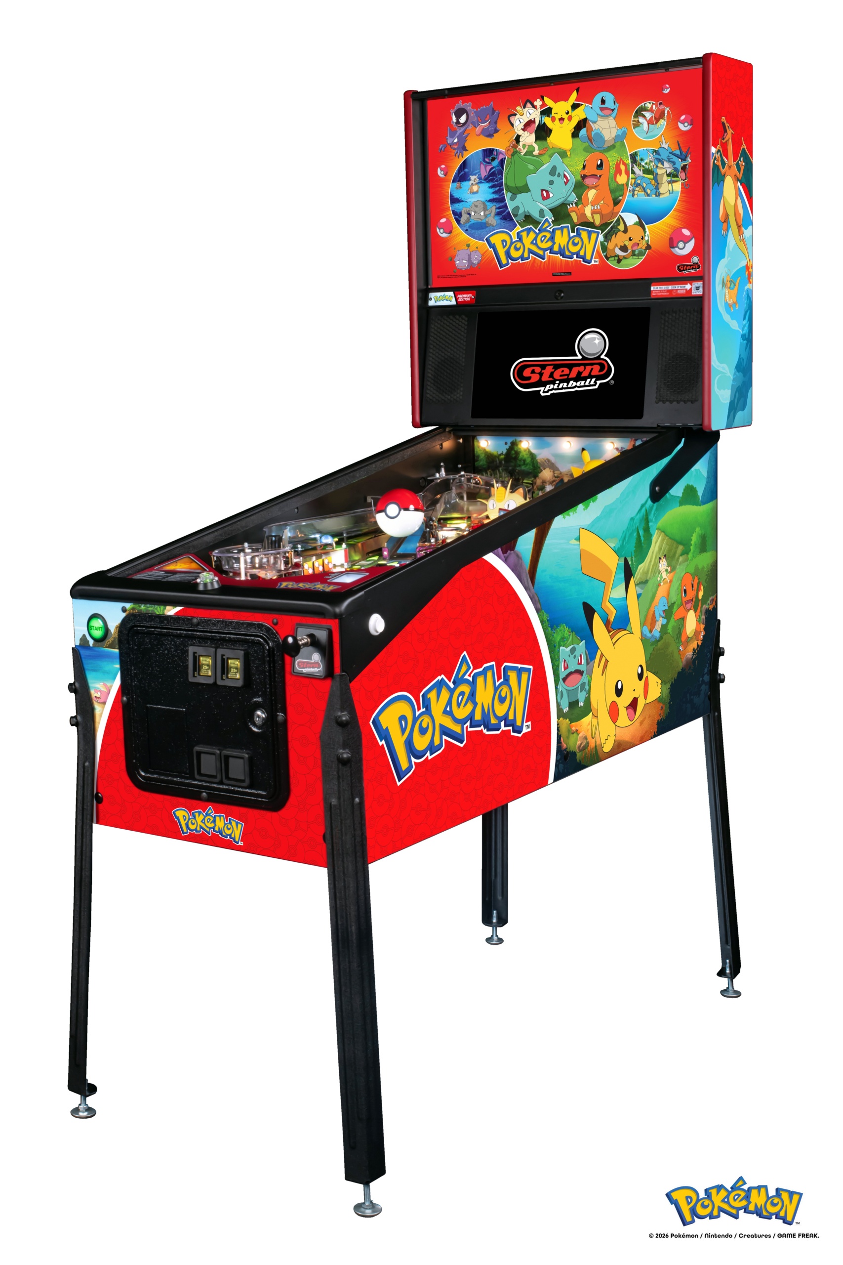 Stern Pokémon Premium pinball machine, right-side cabinet and playfield photograph