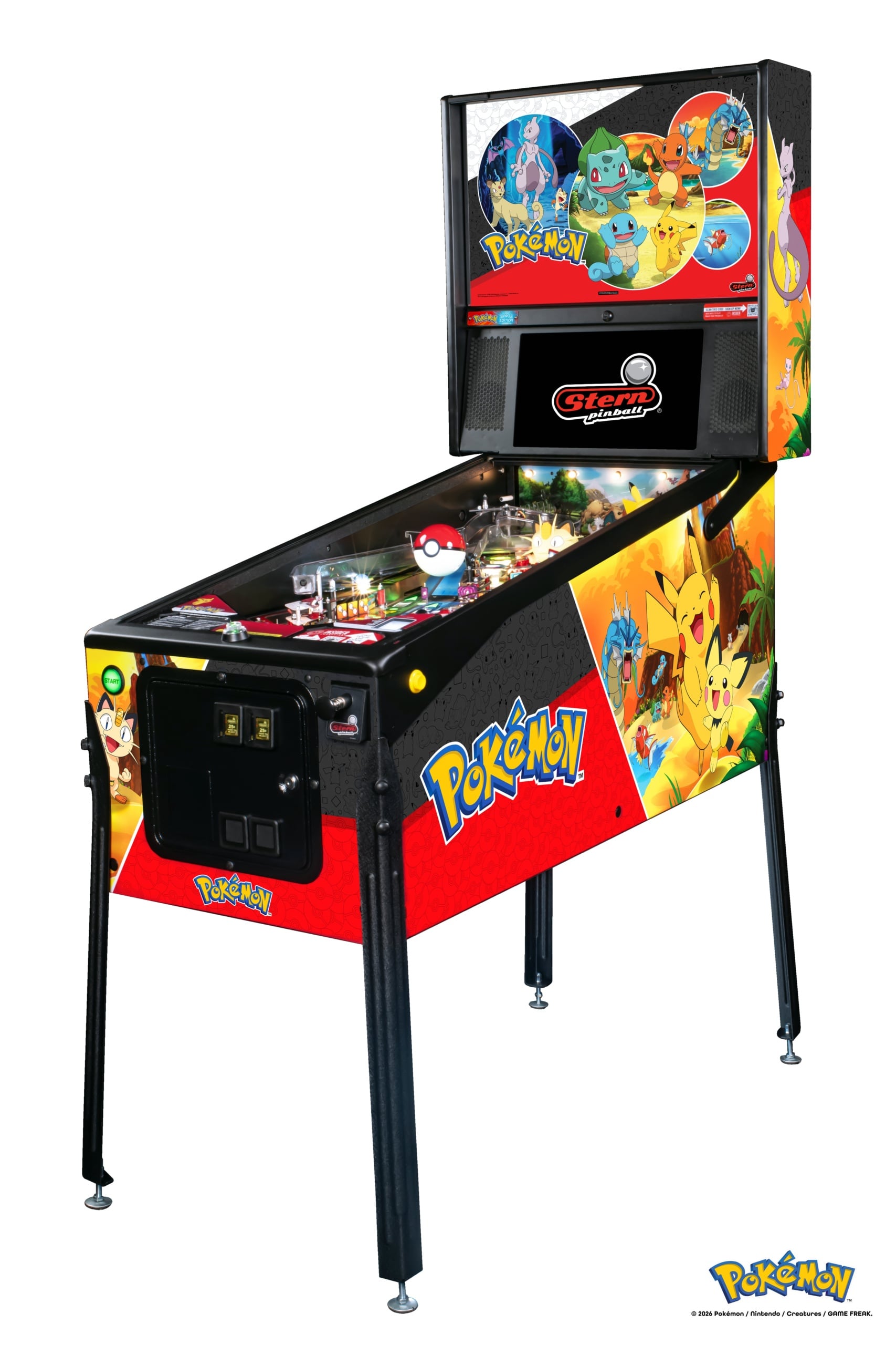 Stern Pokémon Pro pinball machine, right-side cabinet and playfield photograph