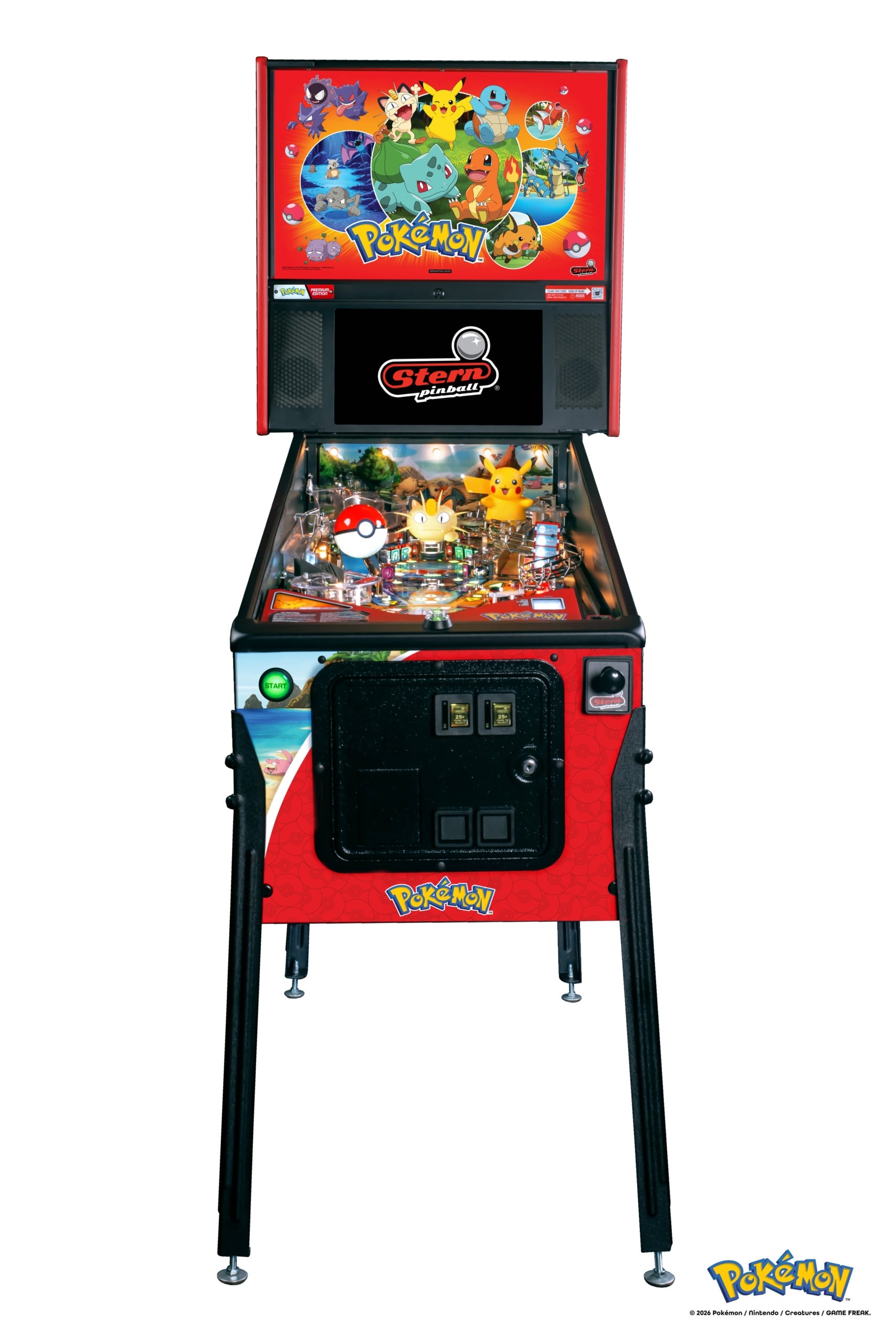 Pokémon Premium by Stern, front view of pinball cabinet and backbox