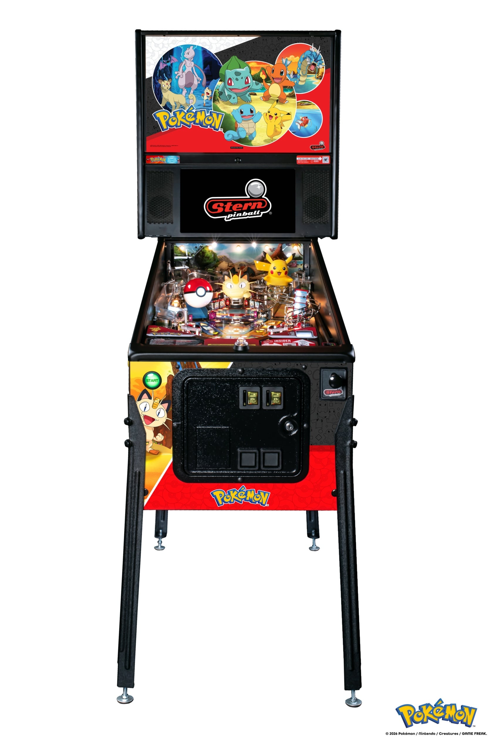 Pokémon Pro by Stern, front view of pinball cabinet and backbox